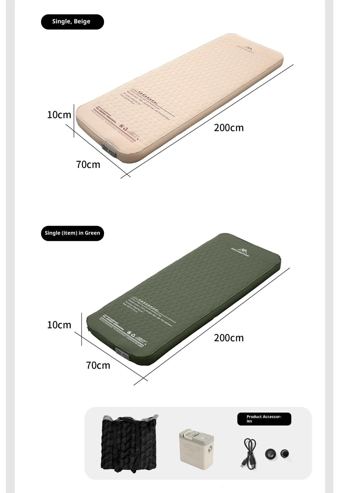 MOUNTAINHIKER 10cm Thick Self-Inflating Air Mattress Outdoor Sleeping Pad Available in 2 Sizes and 3 Colors