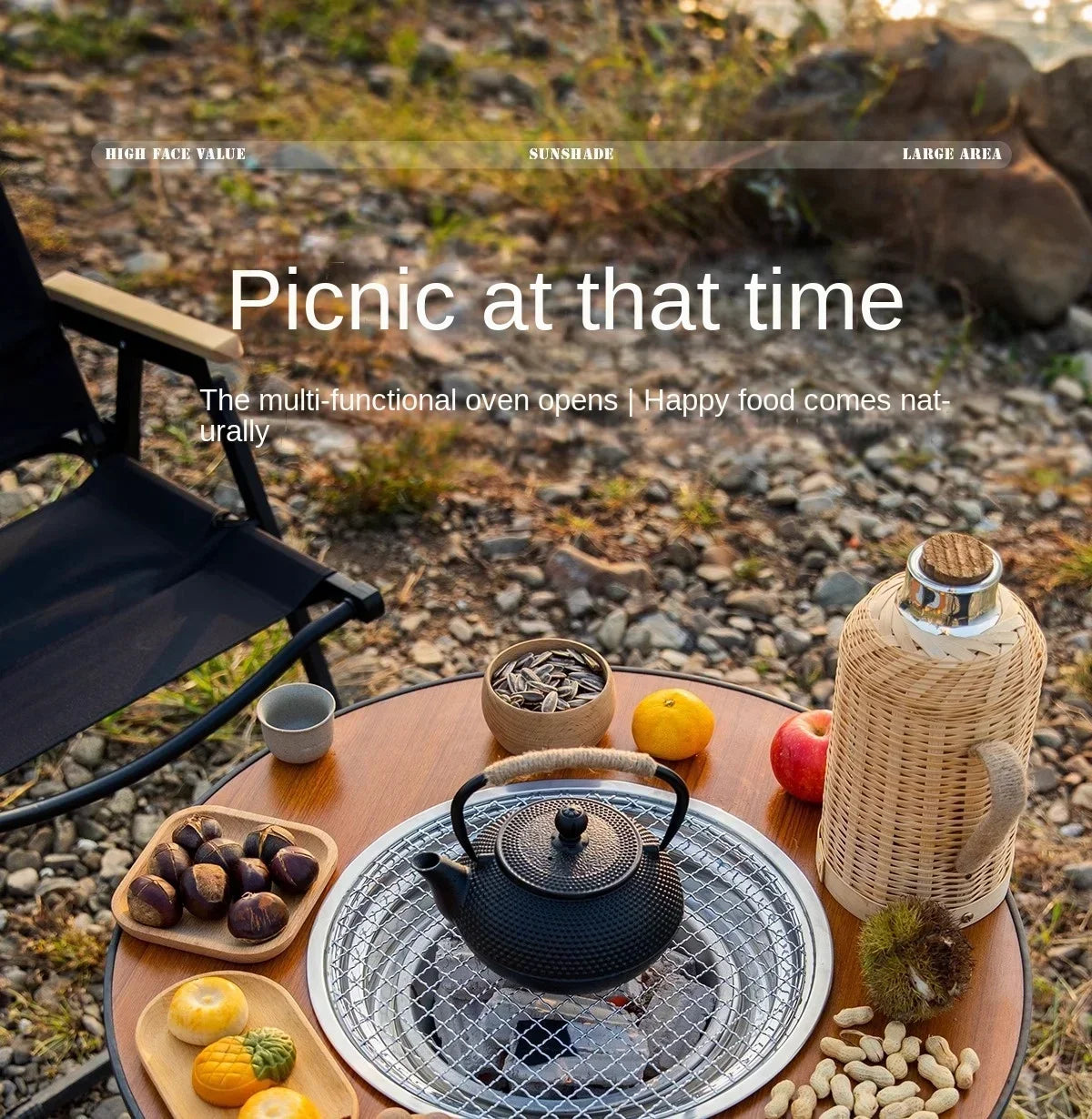 Portable Outdoor Barbecue Folding Round Table Camping Charcoal Barbecue Table Courtyard Stove Tea Making Heating Stove Set