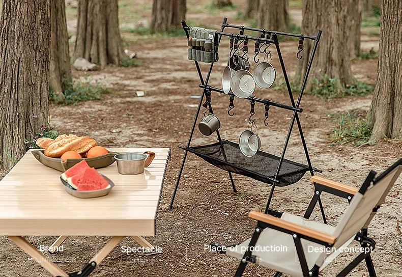 MOUNTAINHIKER Upgrade Aluminum Alloy Triangle Storage Hanger Folding Camping Hanging Rack Shelf BBQ Picnic Cookware Pot Pan