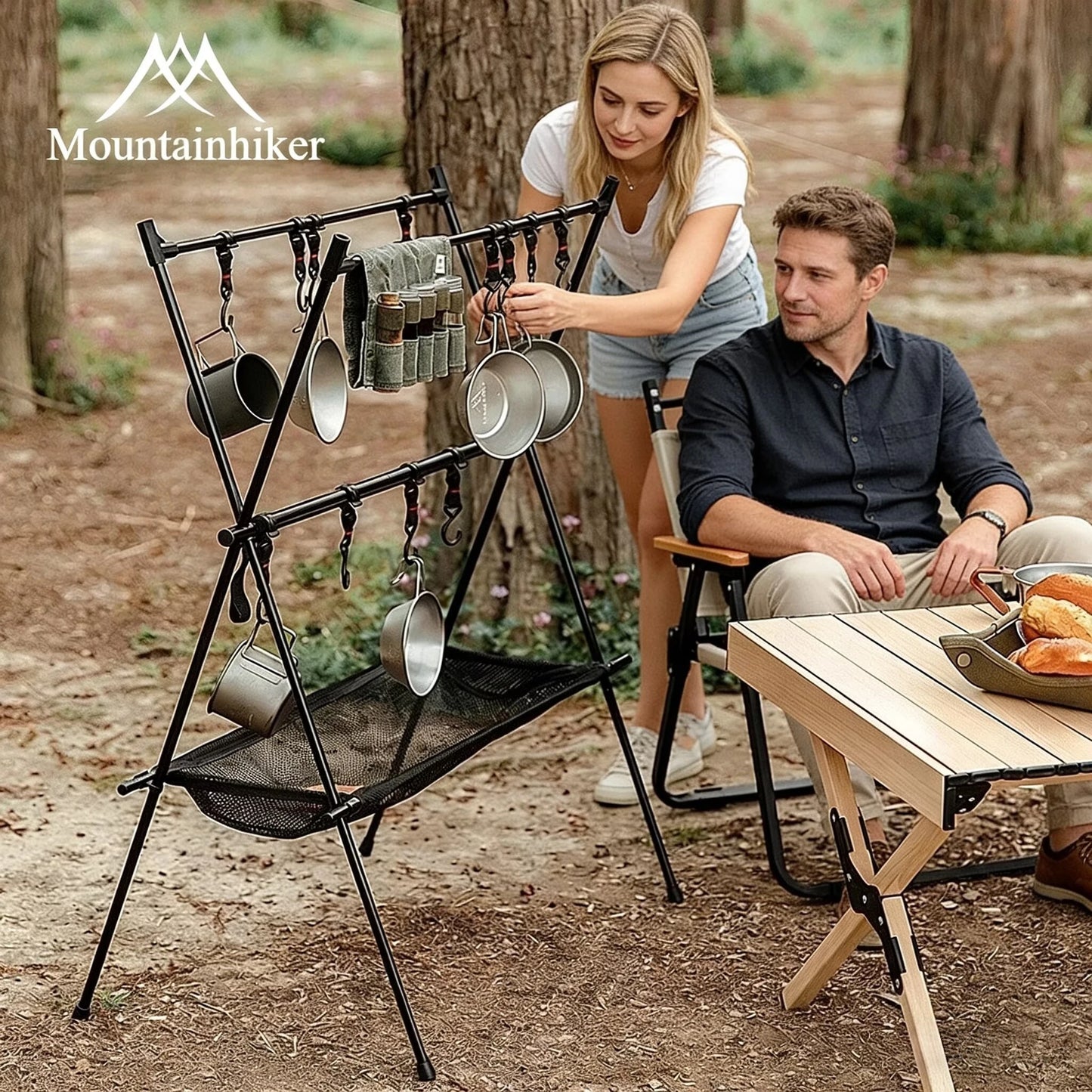 MOUNTAINHIKER Upgrade Aluminum Alloy Triangle Storage Hanger Folding Camping Hanging Rack Shelf BBQ Picnic Cookware Pot Pan