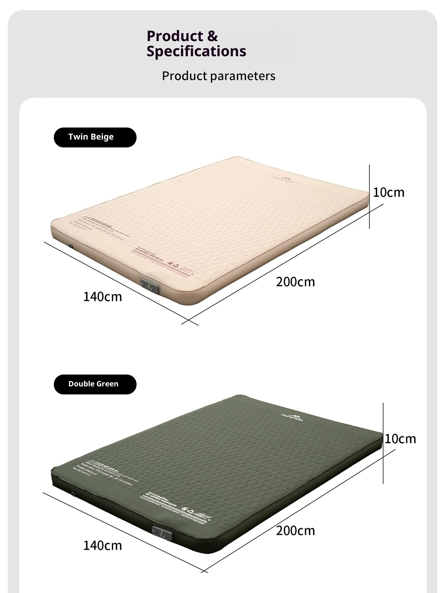 MOUNTAINHIKER 10cm Thick Self-Inflating Air Mattress Outdoor Sleeping Pad Available in 2 Sizes and 3 Colors