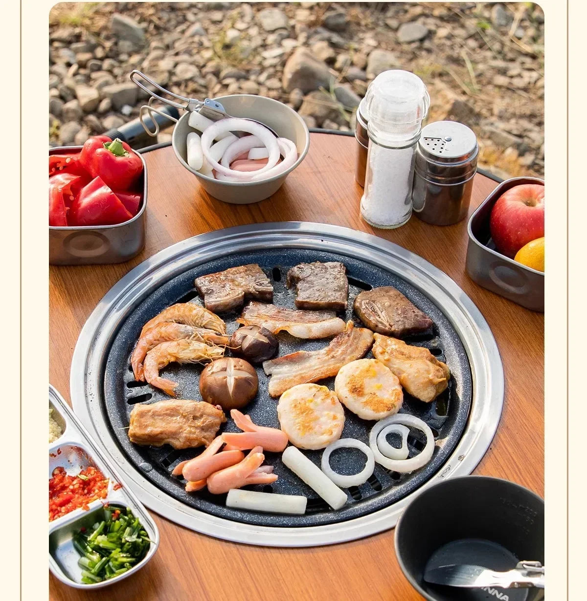 Portable Outdoor Barbecue Folding Round Table Camping Charcoal Barbecue Table Courtyard Stove Tea Making Heating Stove Set