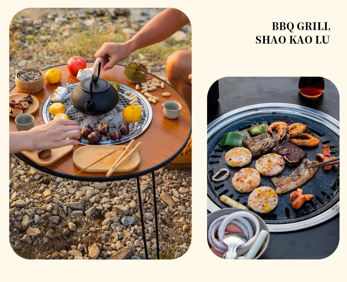 Portable Outdoor Barbecue Folding Round Table Camping Charcoal Barbecue Table Courtyard Stove Tea Making Heating Stove Set