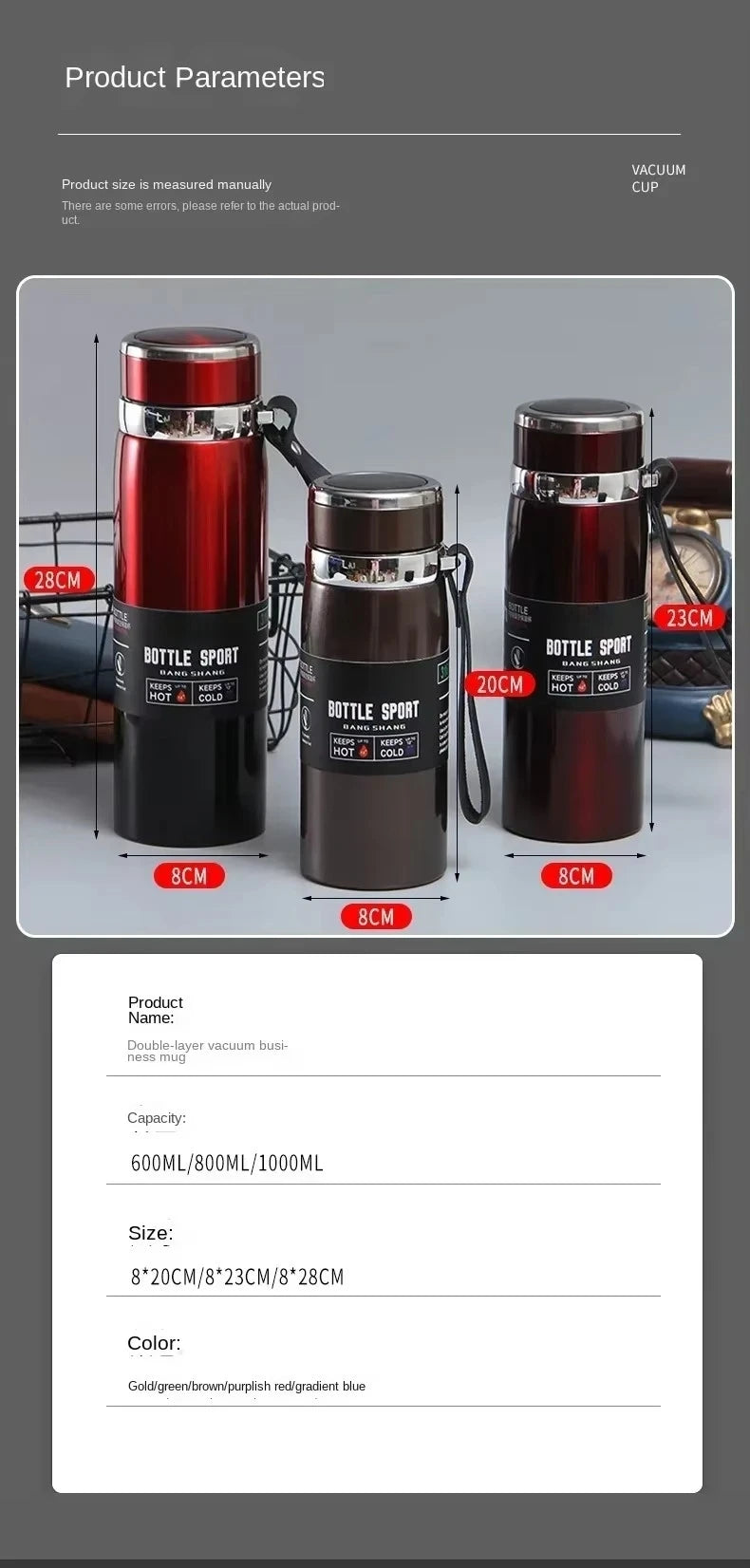 1L Stainless Steel Vacuum Thermal Water Bottle