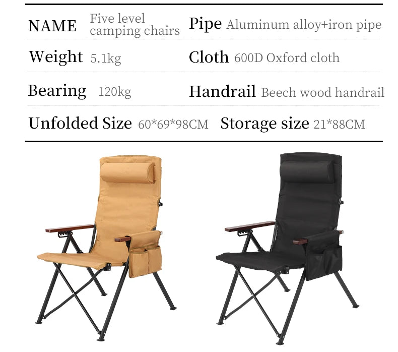 5-Position Reclining Camp Chair with Pillow & Armrests