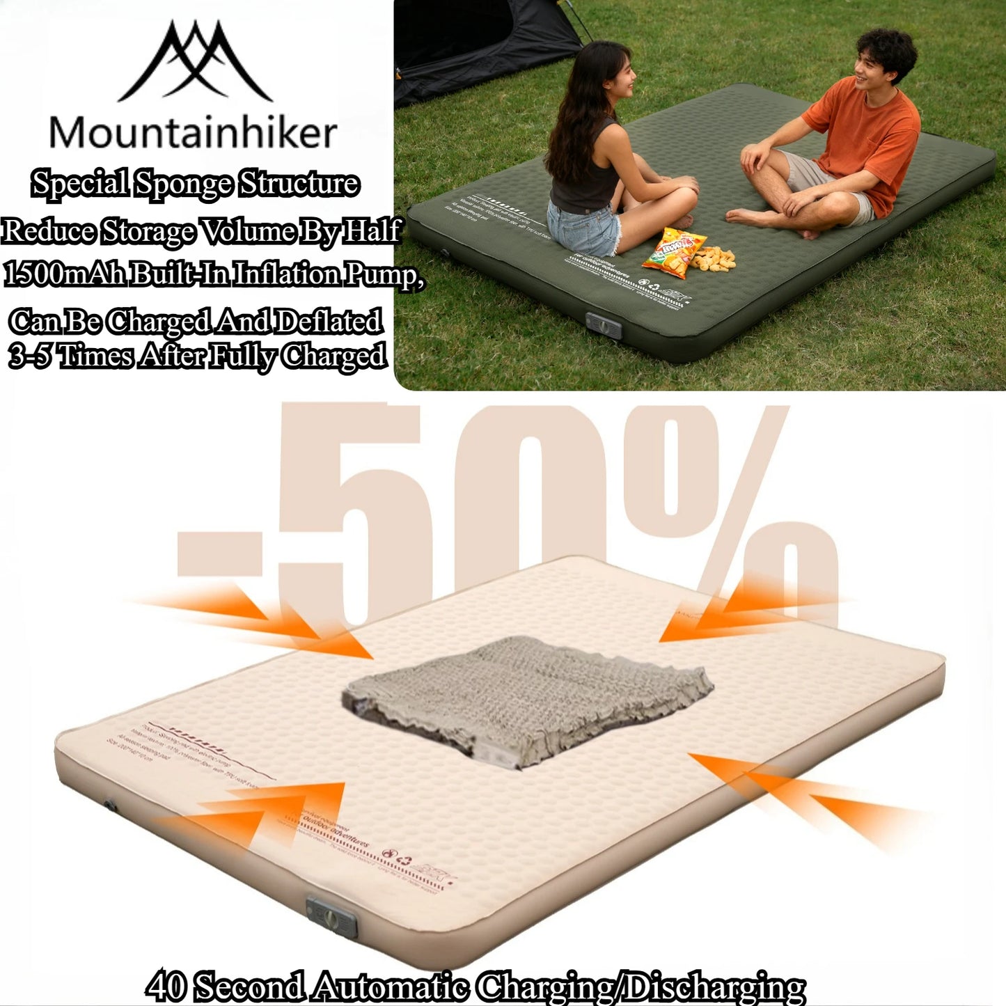 MOUNTAINHIKER 10cm Thick Self-Inflating Air Mattress Outdoor Sleeping Pad Available in 2 Sizes and 3 Colors
