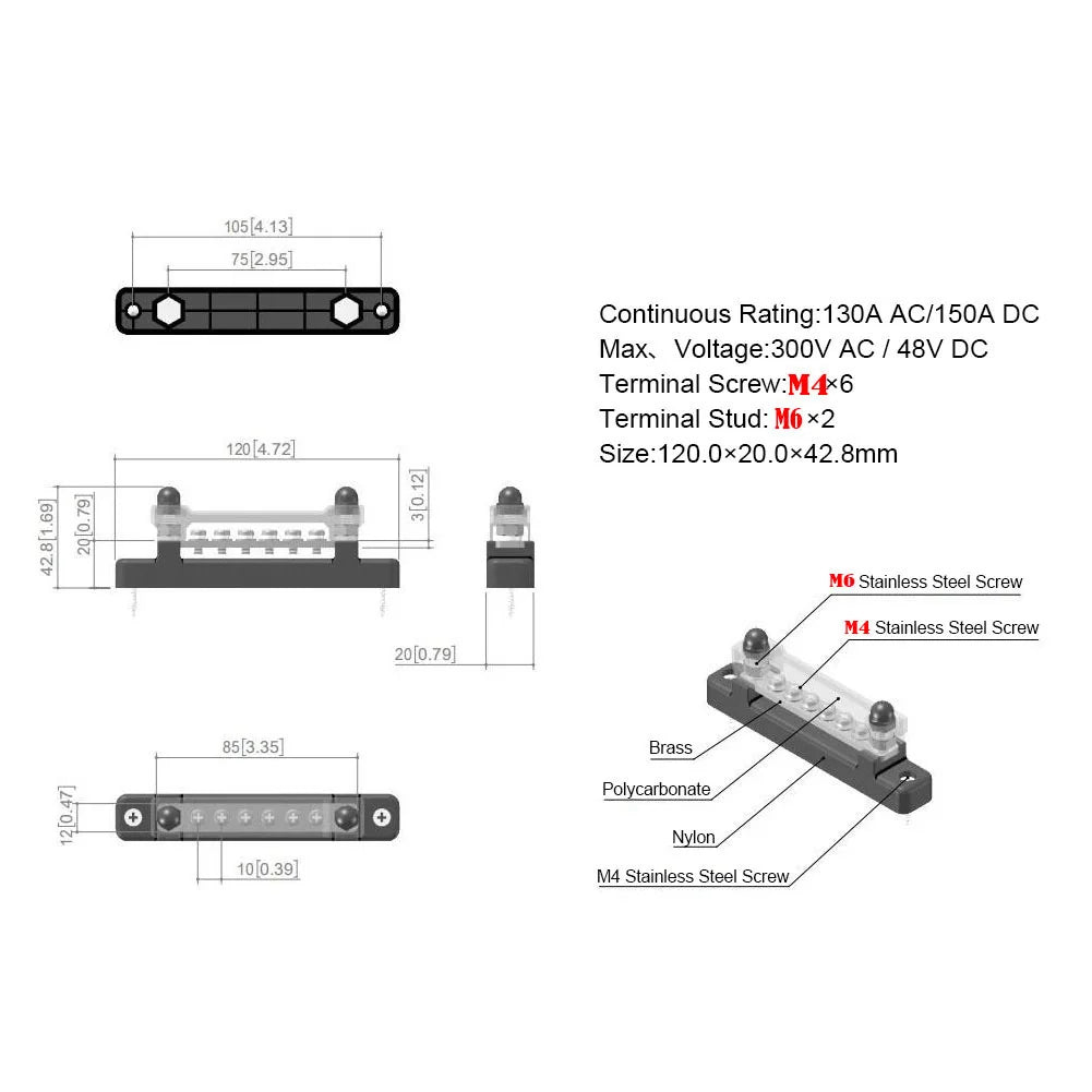 M6 12V Bus Bar 1/4 inch Power Distribution Block 150A Electrical Terminal Block Buss Bar for Truck Boat Car Camper RV